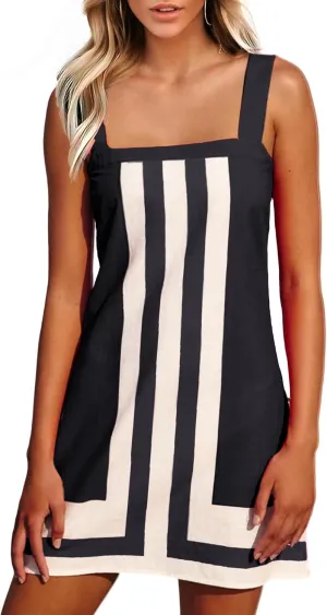 Ailoqing 2025 Women Boho Floral Mini Dress Summer Casual Color Block Beach Overall Striped Dress Coverups