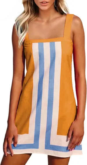 Ailoqing 2025 Women Boho Floral Mini Dress Summer Casual Color Block Beach Overall Striped Dress Coverups