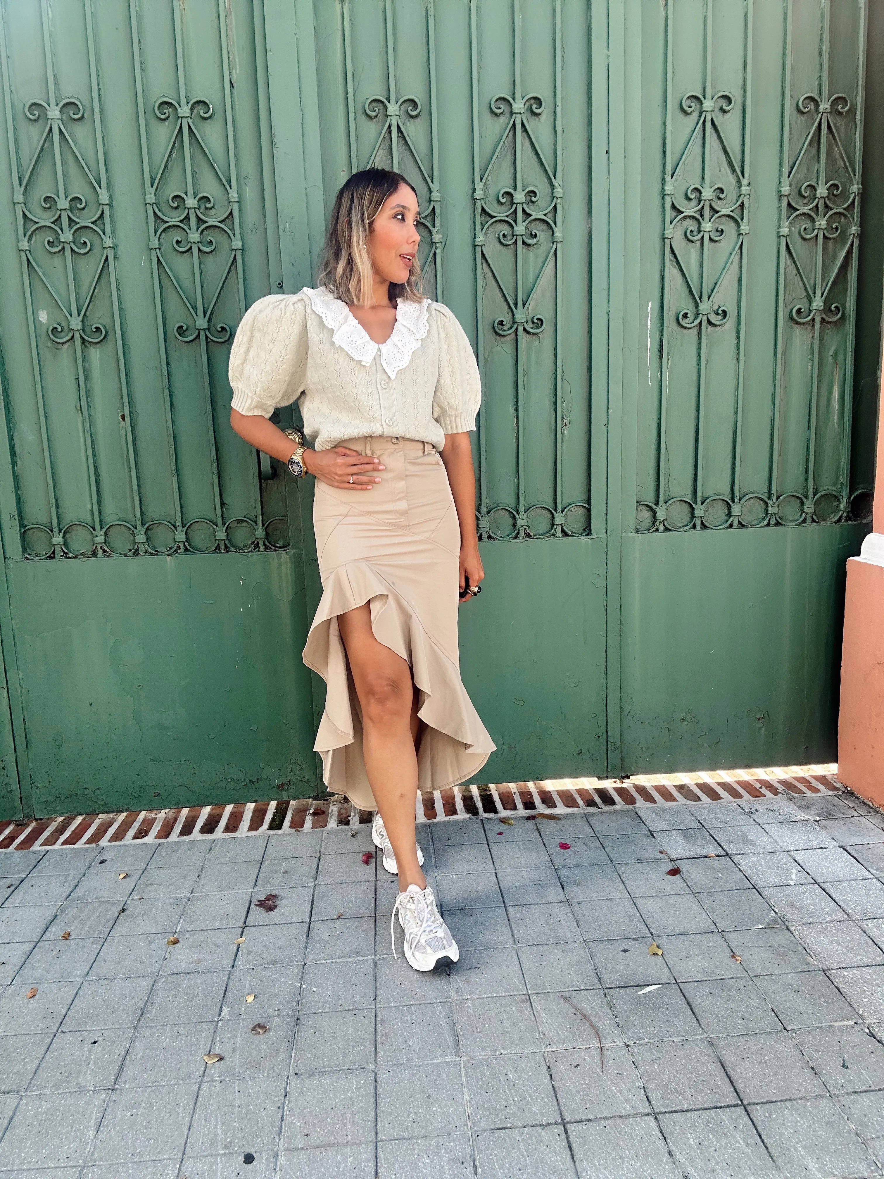 Asymmetric Twill Ruffle Hem Maxi Skirt