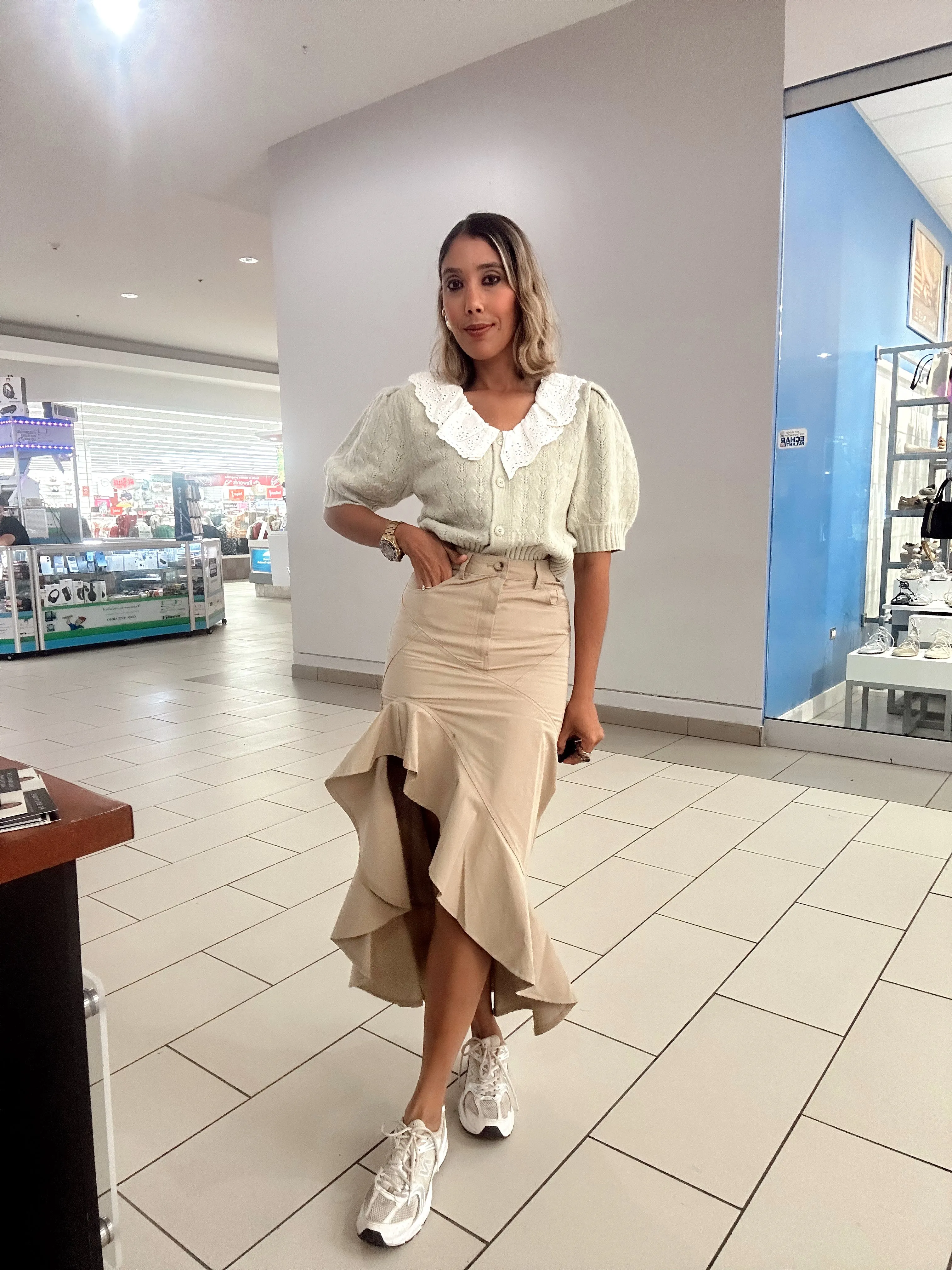 Asymmetric Twill Ruffle Hem Maxi Skirt
