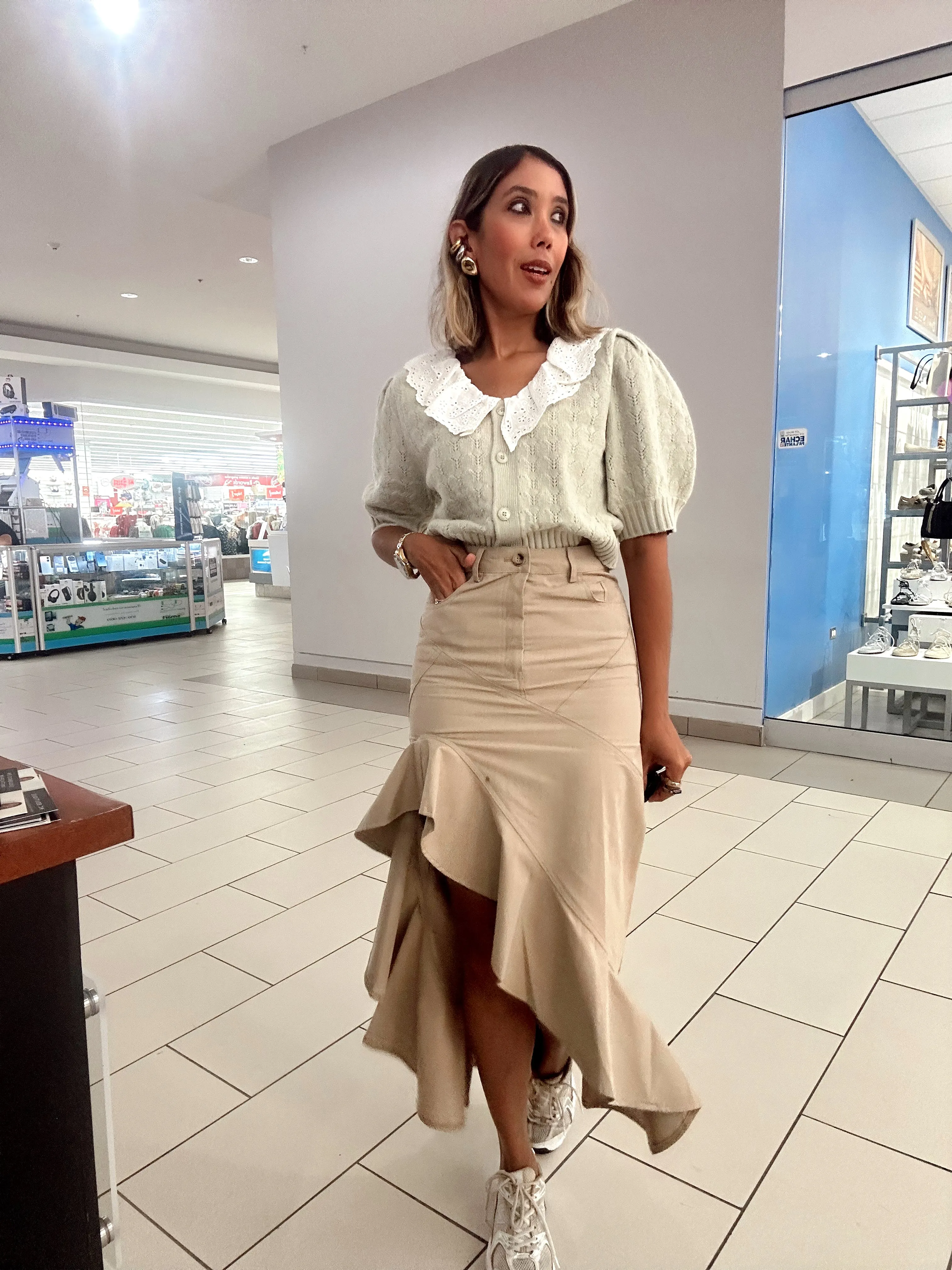 Asymmetric Twill Ruffle Hem Maxi Skirt