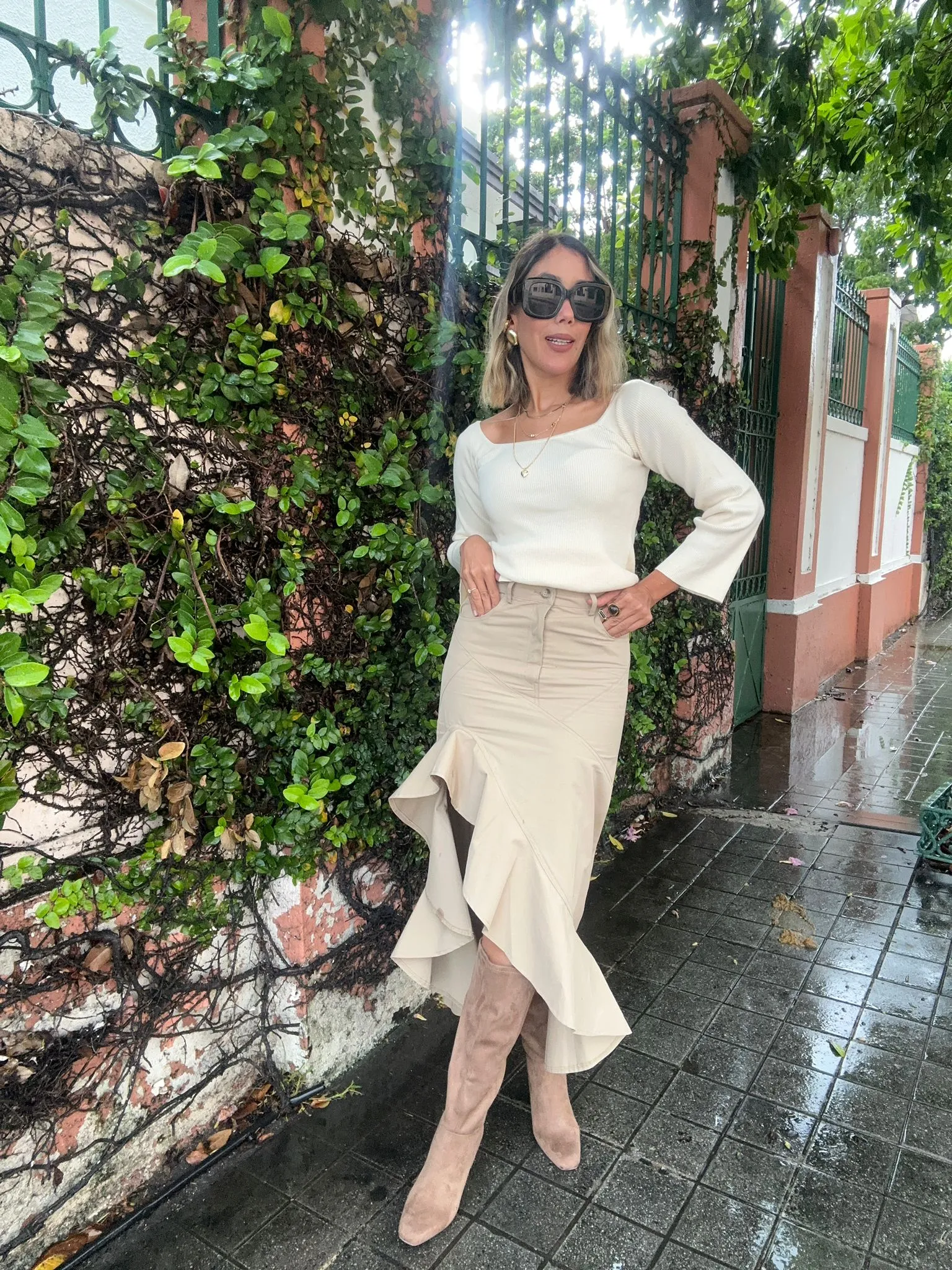 Asymmetric Twill Ruffle Hem Maxi Skirt
