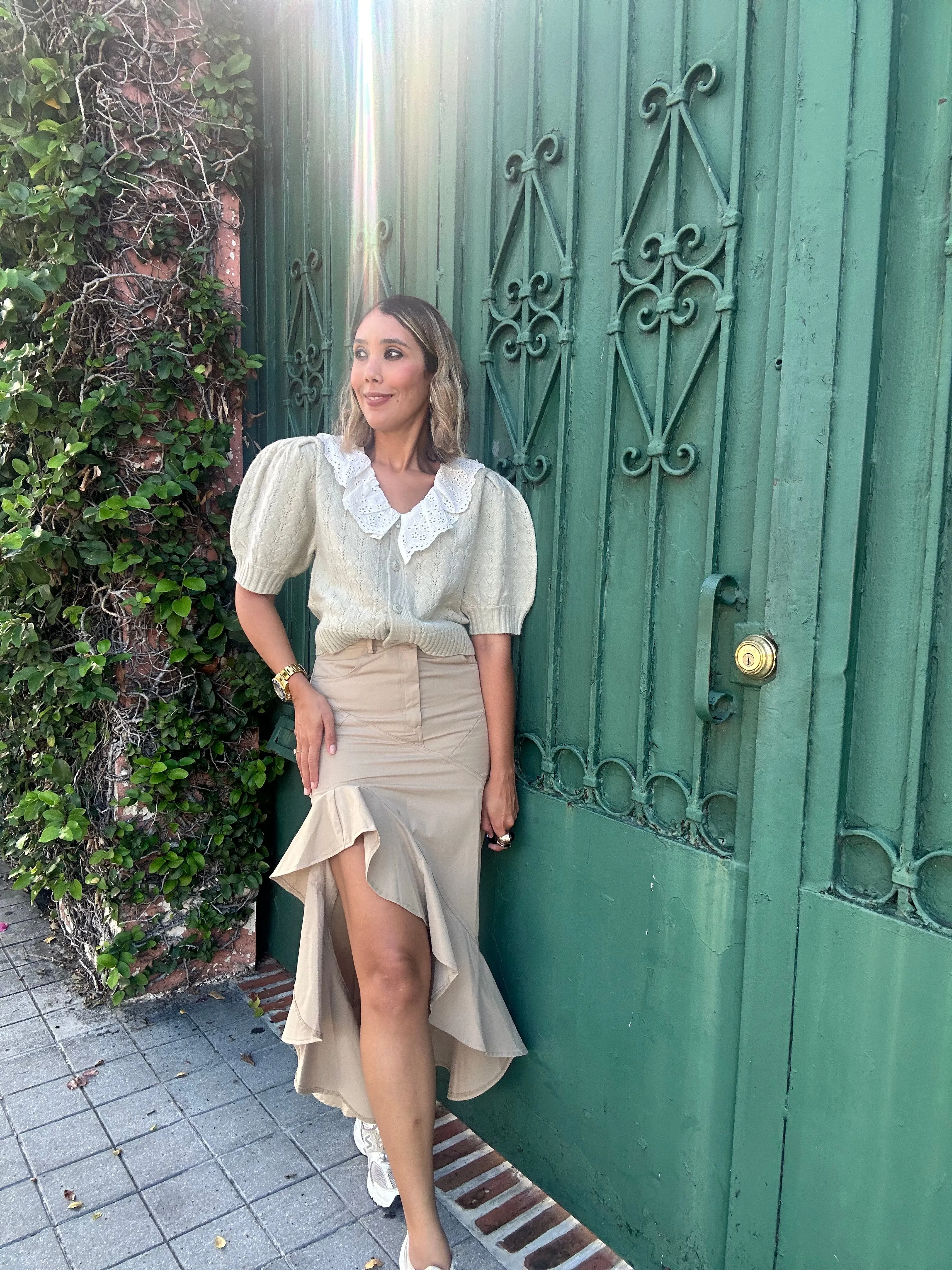 Asymmetric Twill Ruffle Hem Maxi Skirt