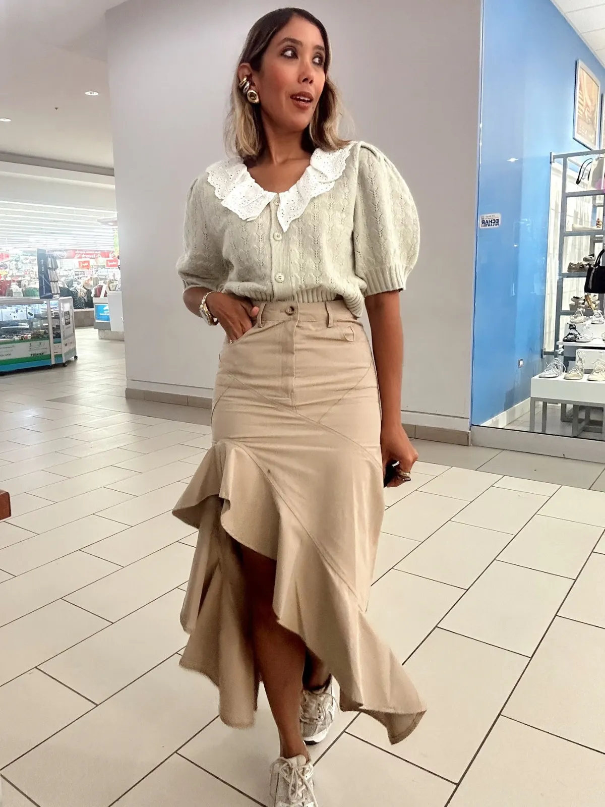 Asymmetric Twill Ruffle Hem Maxi Skirt