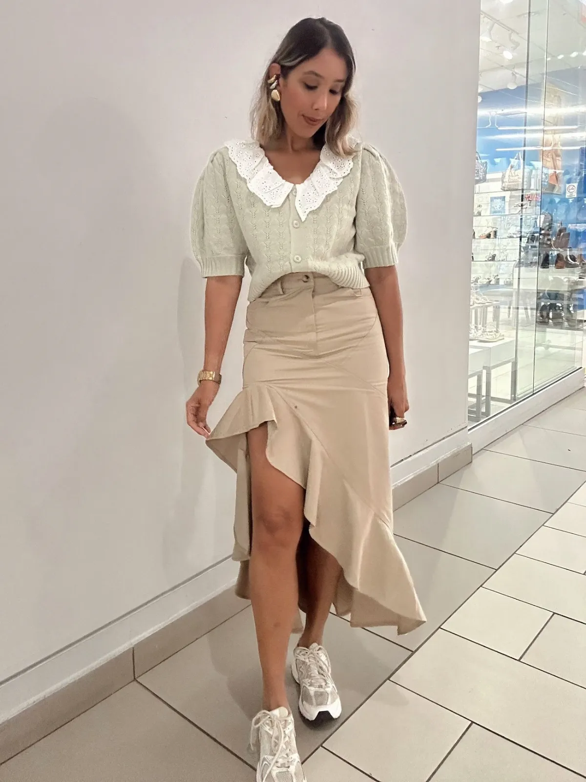 Asymmetric Twill Ruffle Hem Maxi Skirt