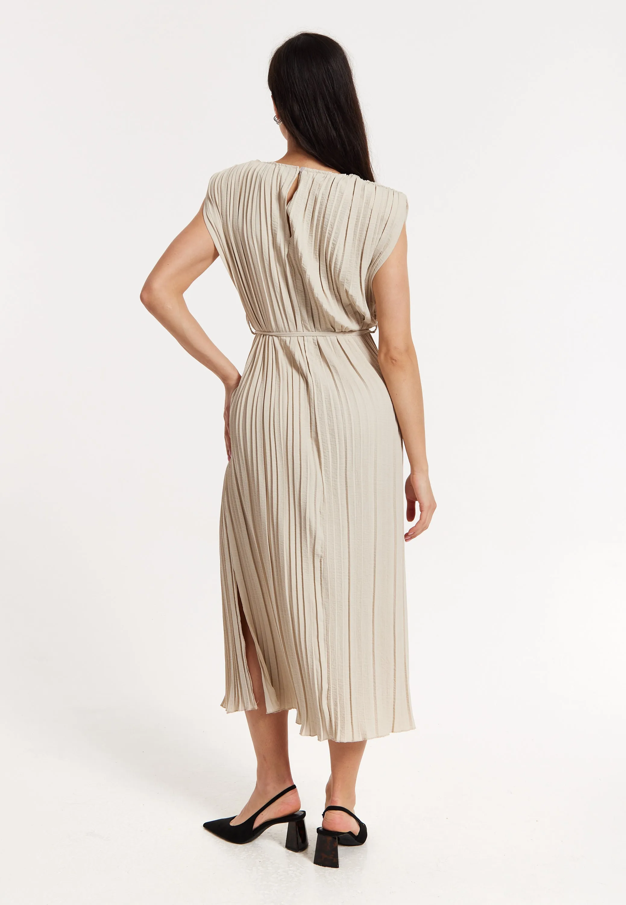 Beige Pleated Midi Dress with Tie Waist