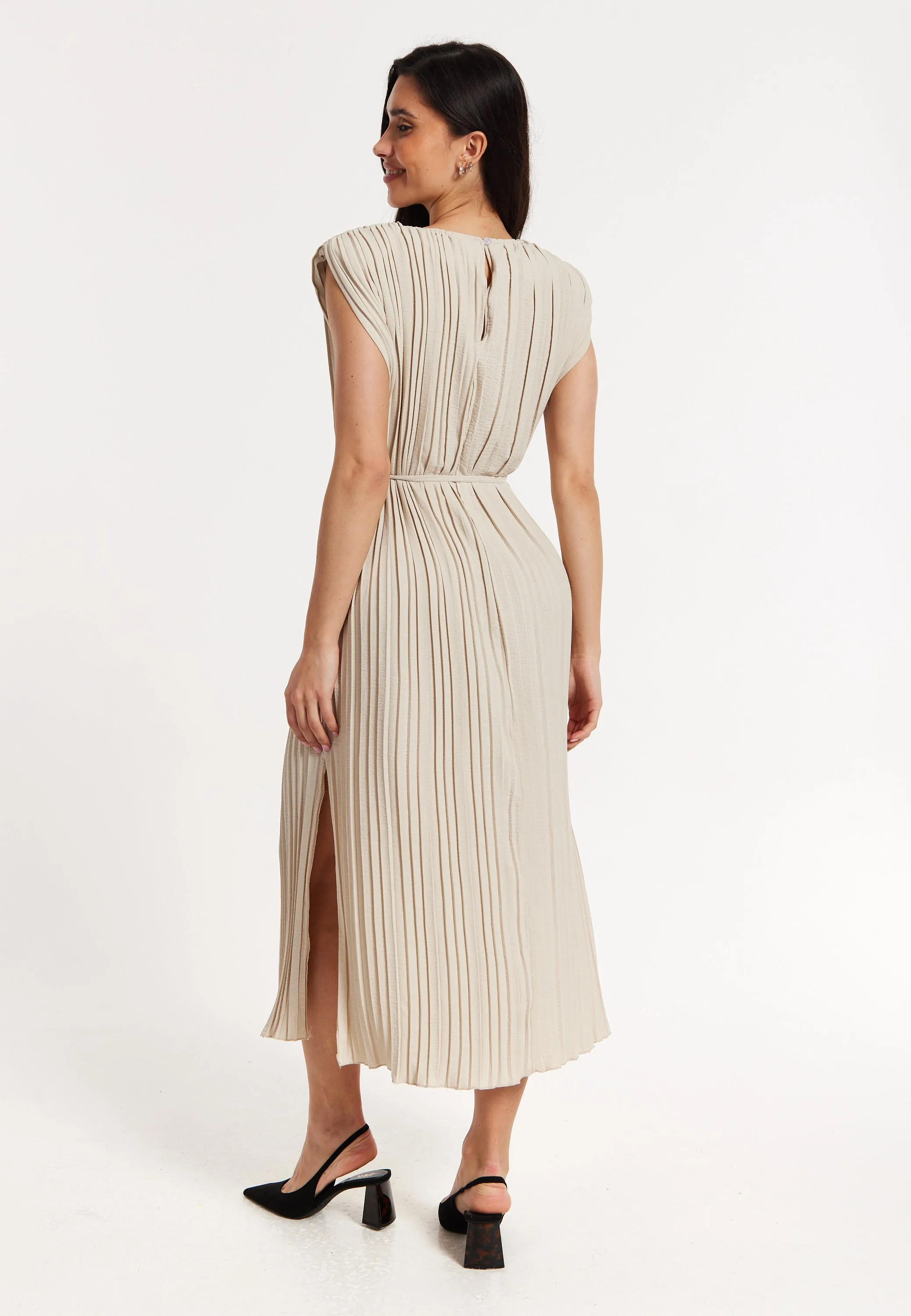Beige Pleated Midi Dress with Tie Waist