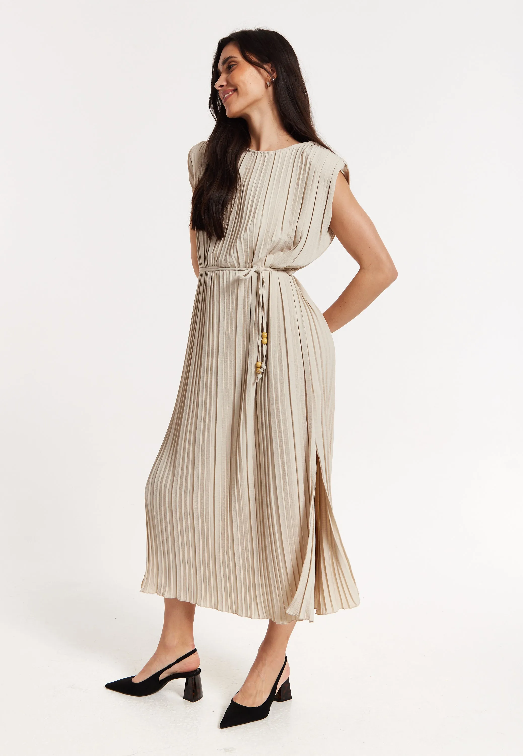 Beige Pleated Midi Dress with Tie Waist