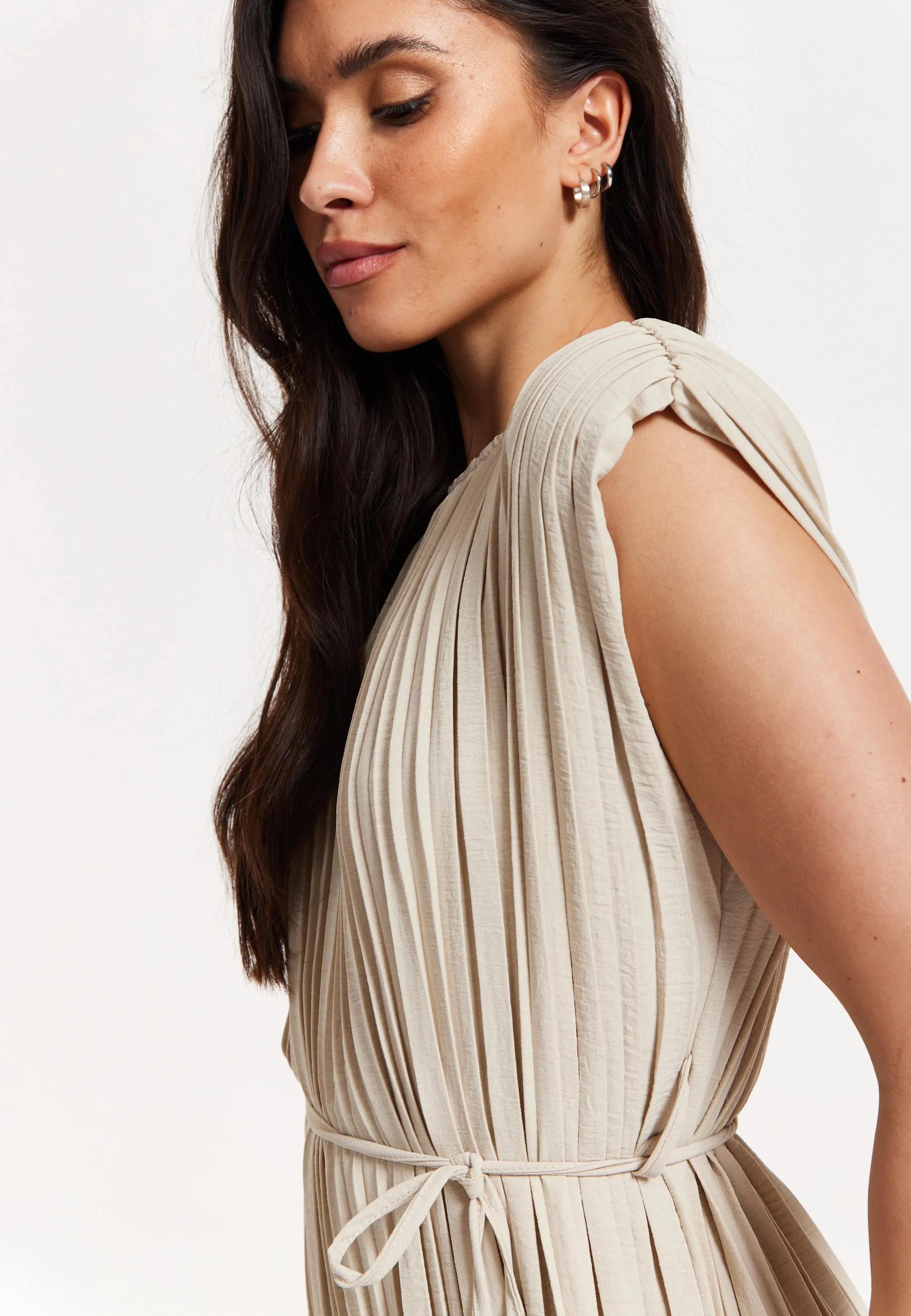 Beige Pleated Midi Dress with Tie Waist