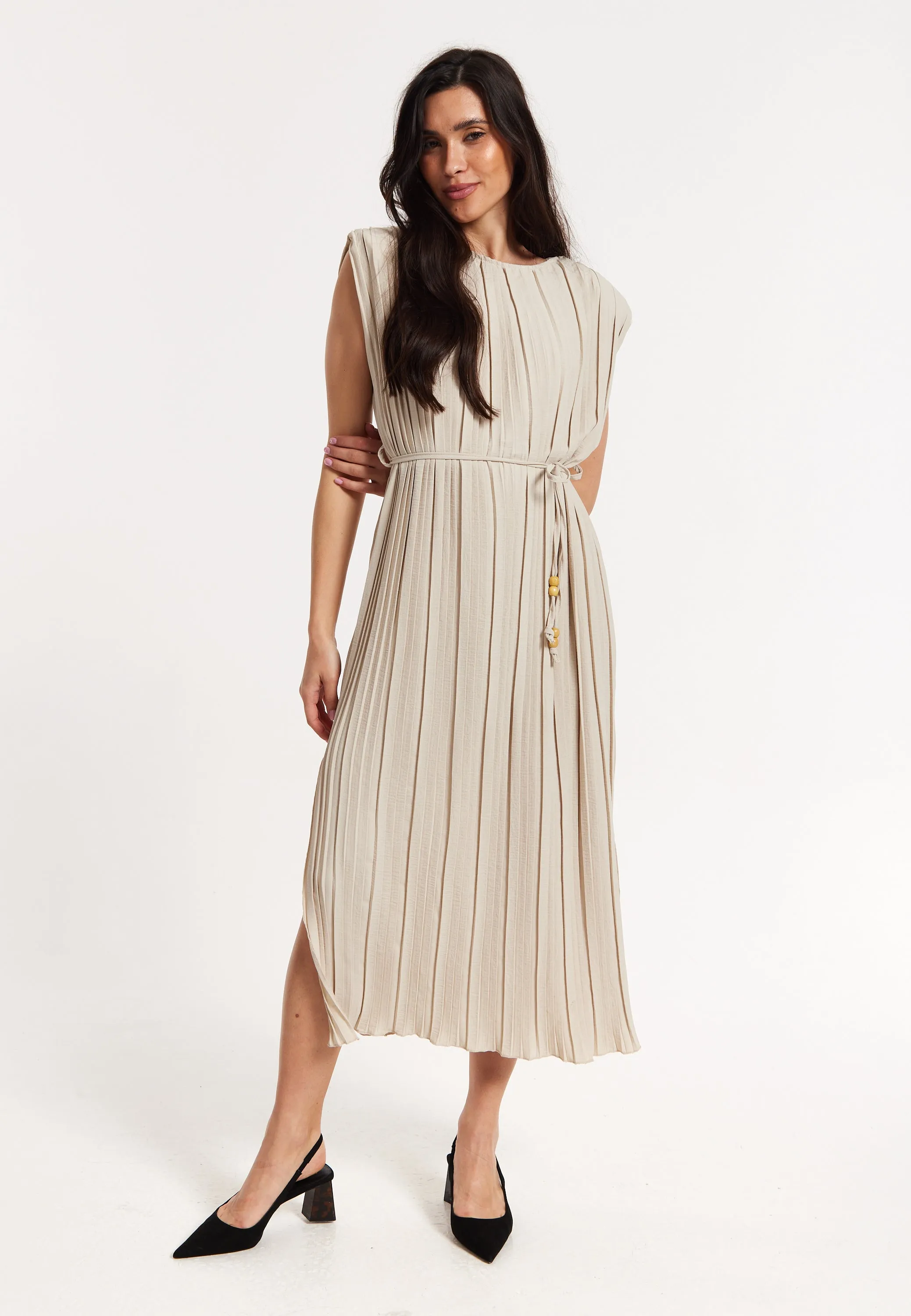 Beige Pleated Midi Dress with Tie Waist