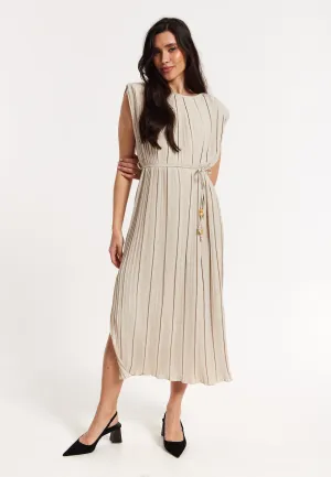 Beige Pleated Midi Dress with Tie Waist