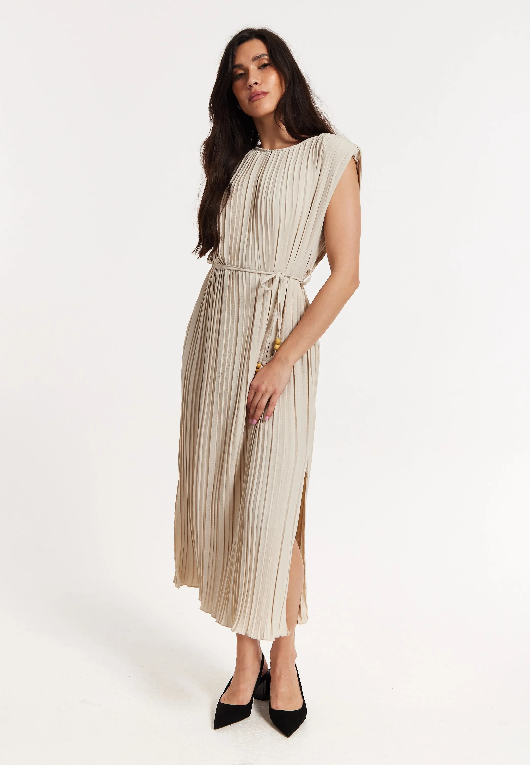 Beige Pleated Midi Dress with Tie Waist