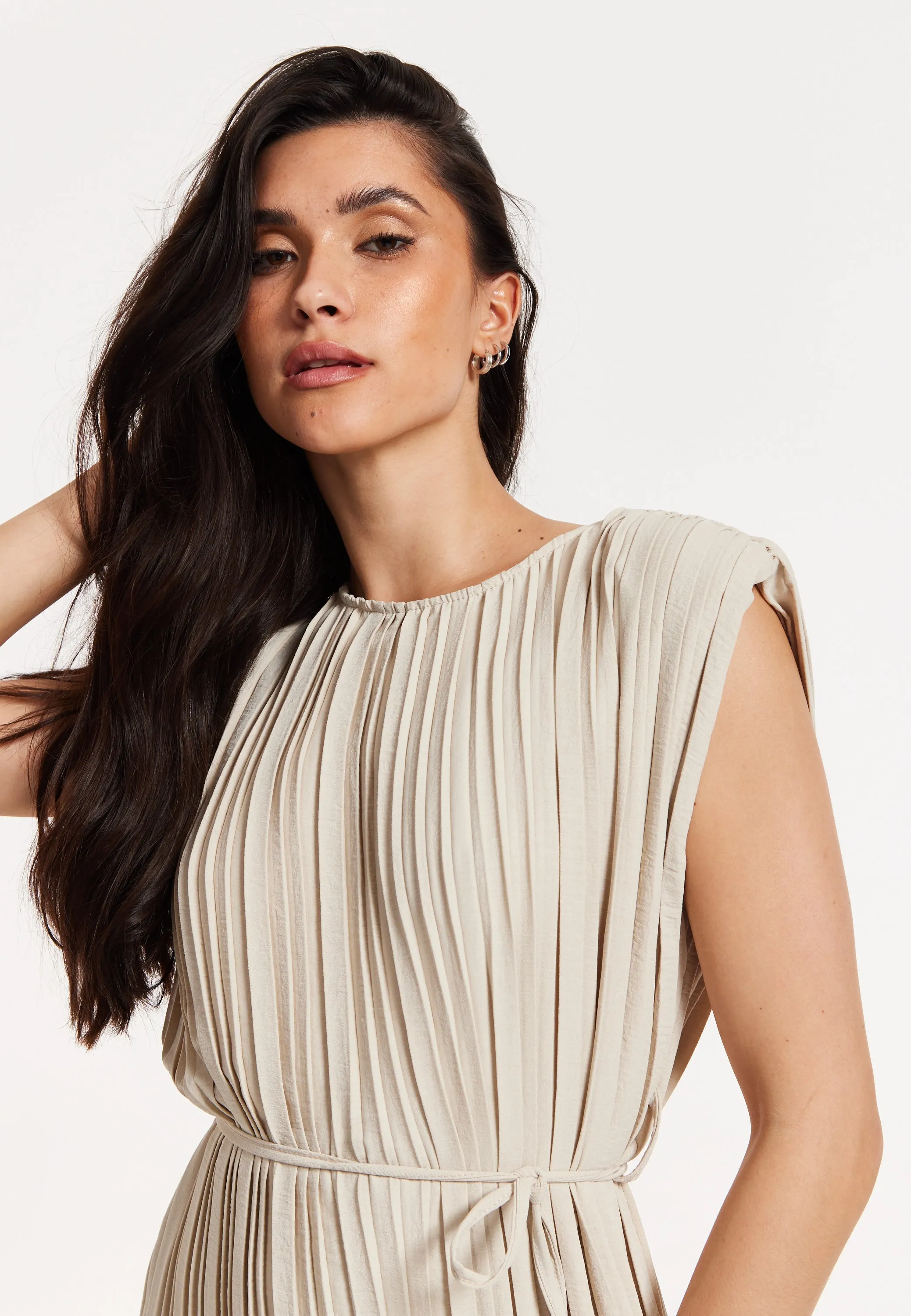 Beige Pleated Midi Dress with Tie Waist