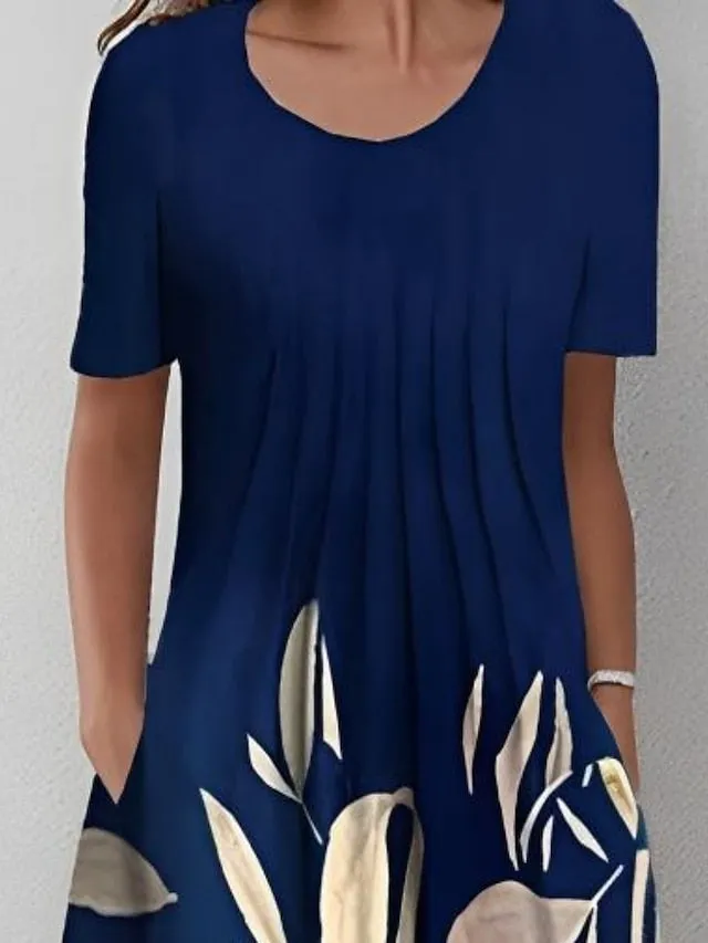 Casual Dress Shift Dress Midi Dress Navy Blue Short Sleeve Floral Ruched Spring Summer Crew Neck Basic Daily Vacation Weekend  S M L XL XXL 3XL for Women