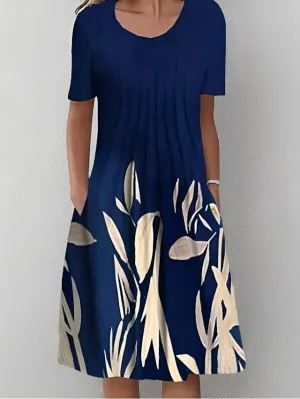 Casual Dress Shift Dress Midi Dress Navy Blue Short Sleeve Floral Ruched Spring Summer Crew Neck Basic Daily Vacation Weekend  S M L XL XXL 3XL for Women