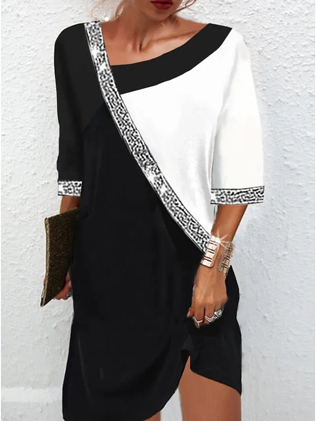 Casual Dress Shift Dress Mini Dress Black Half Sleeve Color Block Patchwork Summer Spring V Neck Fashion  S M L XL 2XL 3XL for Women