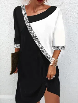 Casual Dress Shift Dress Mini Dress Black Half Sleeve Color Block Patchwork Summer Spring V Neck Fashion  S M L XL 2XL 3XL for Women