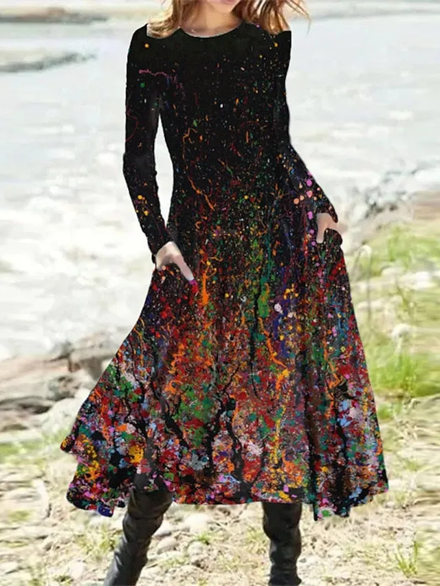 Casual Dress Swing Dress Midi Dress Blue Yellow Rainbow Long Sleeve Color Gradient Pocket Print Winter Fall Crew Neck Vacation Casual Fall Dress  S M L XL XXL 3XL for Women