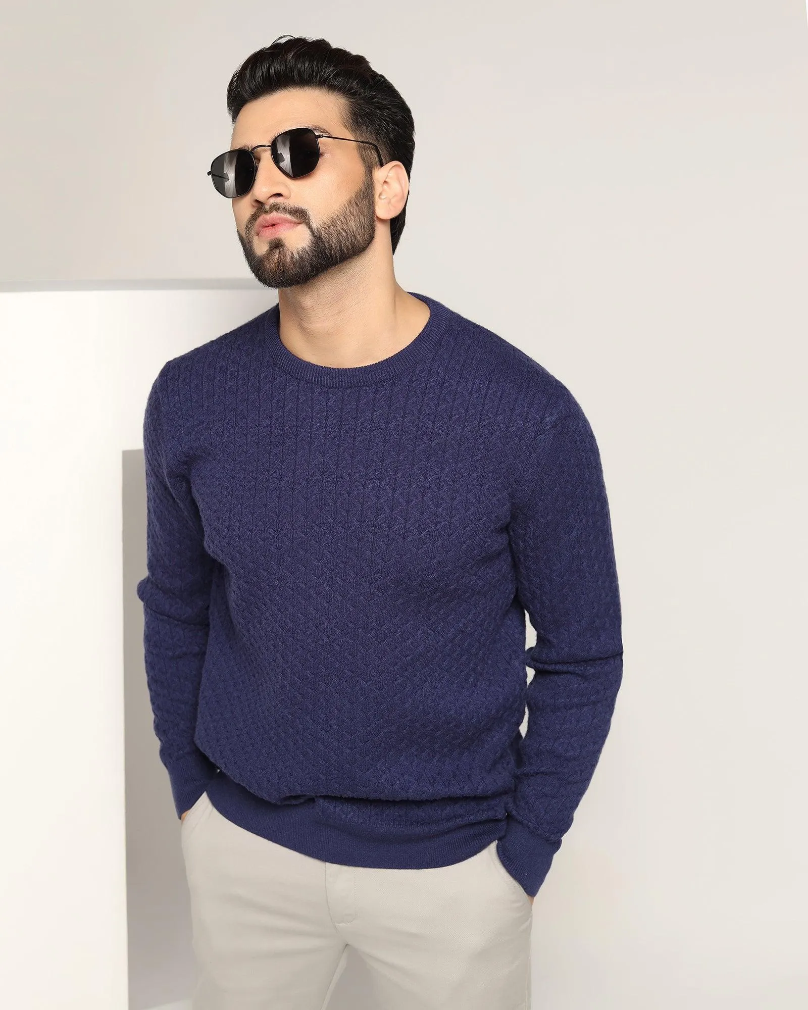 Crew Neck Ink Blue Textured Sweater - Jiggle