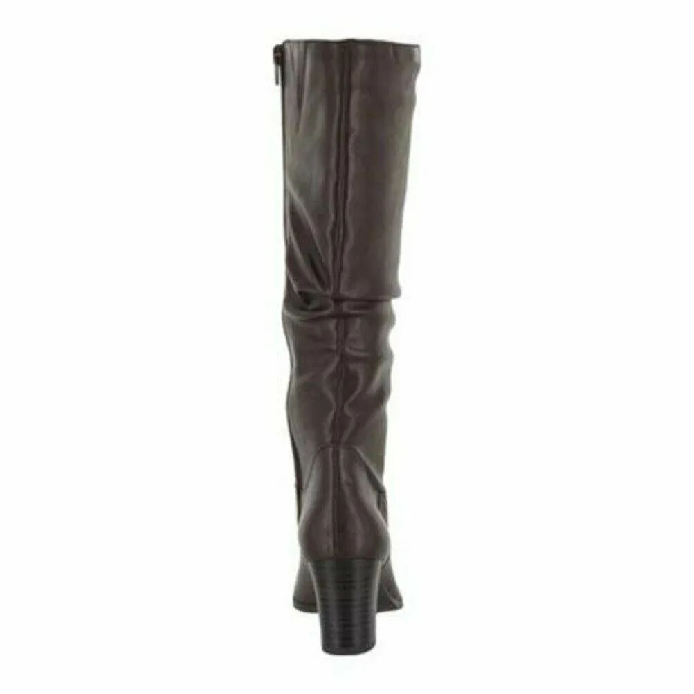 Easy Street Women Tessla Tall Boots Rouched Brown Leather Shoe Block Heel US 7.5