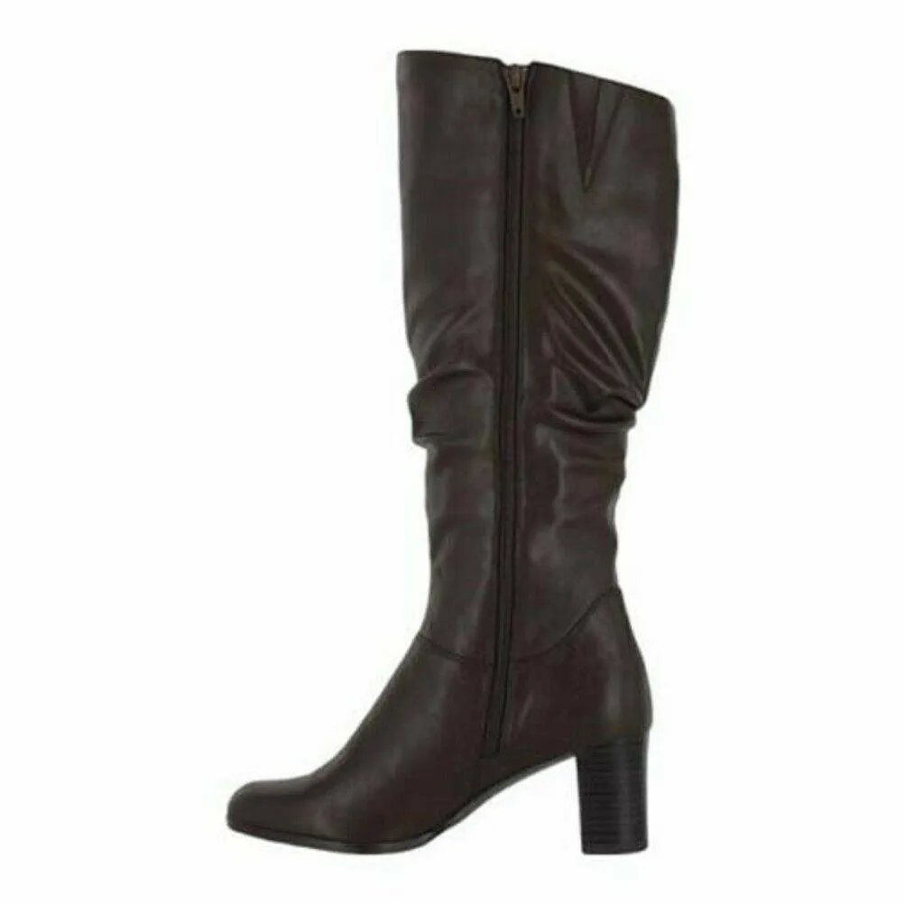 Easy Street Women Tessla Tall Boots Rouched Brown Leather Shoe Block Heel US 7.5