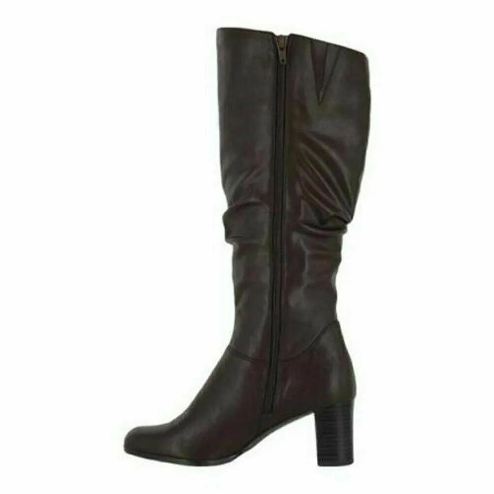 Easy Street Women Tessla Tall Boots Rouched Brown Leather Shoe Block Heel US 8 W