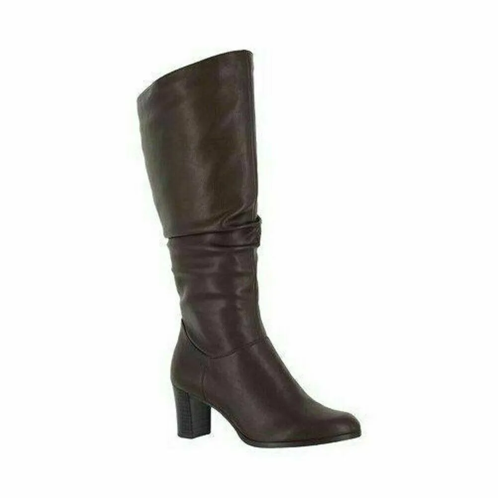 Easy Street Women Tessla Tall Boots Rouched Brown Leather Shoe Block Heel US 8 W