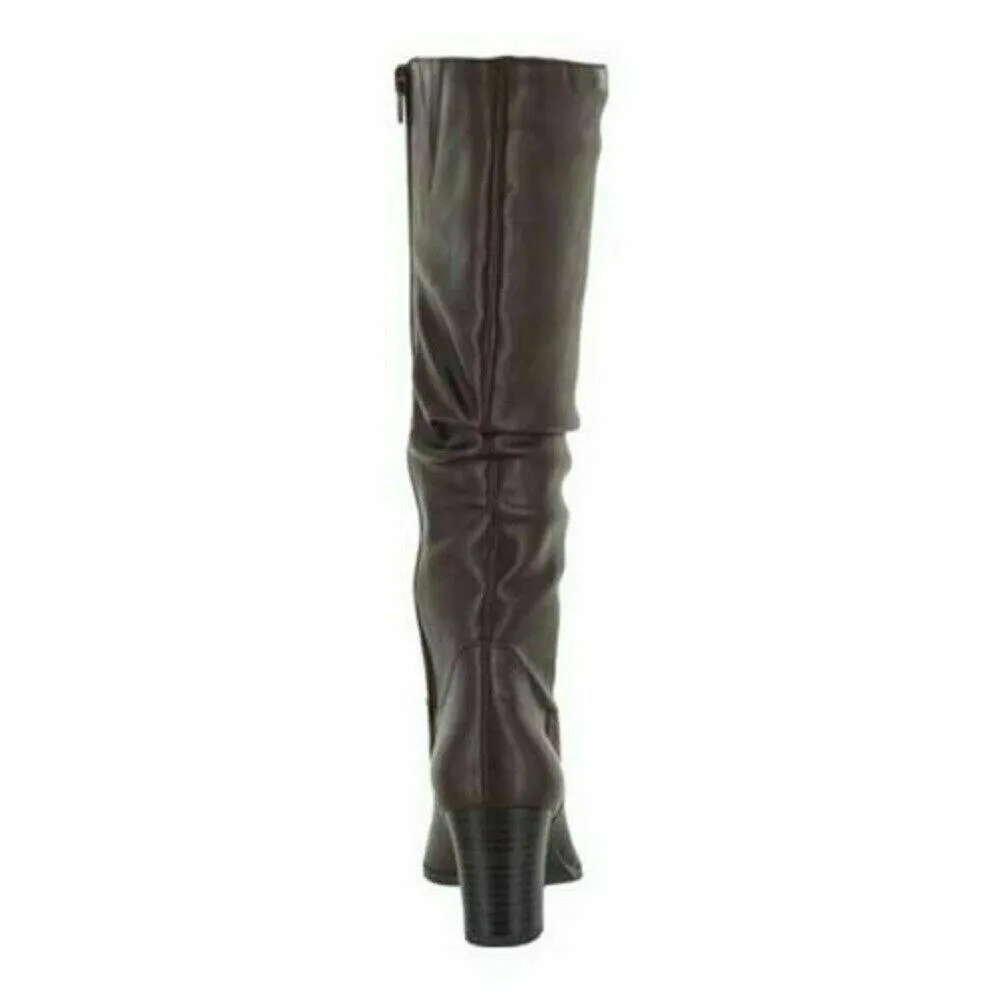 Easy Street Women Tessla Tall Boots Rouched Brown Leather Shoe Block Heel US 8 W