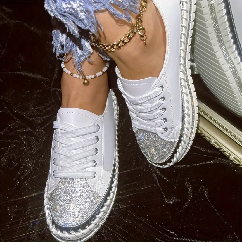 Glittering Rhinestone Women's Sneakers, Fashionable Platform Casual Shoes, Comfortable Versatile White Lace-up Flats