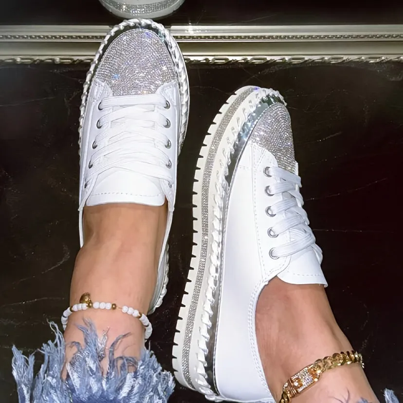 Glittering Rhinestone Women's Sneakers, Fashionable Platform Casual Shoes, Comfortable Versatile White Lace-up Flats