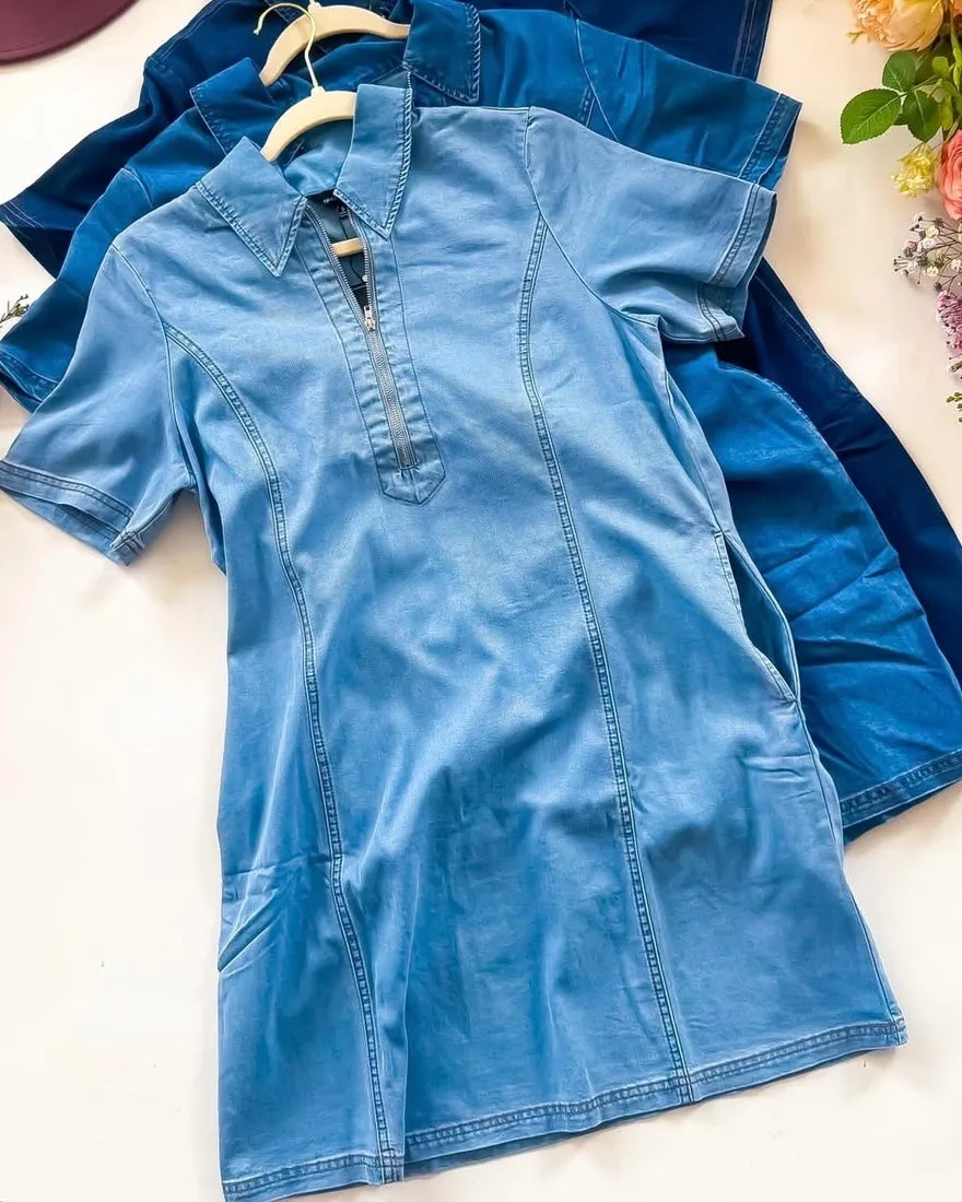Light Wash Denim Short Sleeve Zip Front Dress