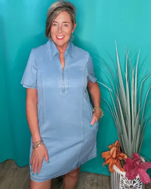 Light Wash Denim Short Sleeve Zip Front Dress