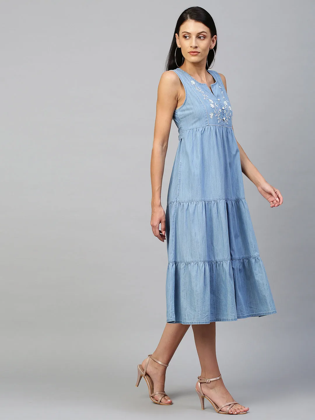 Light Weight Denim Tiered Dress With Embroidered Yoke