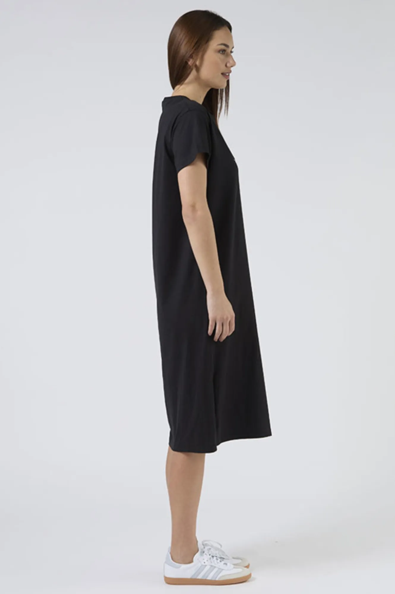 Maxie Tee Shirt Dress - Black With Black And White Stripe Star