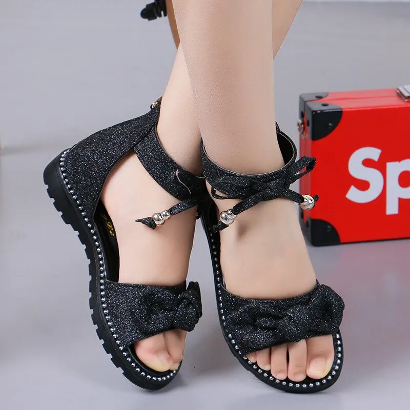 New 2023 Summer Girls Sandals Fashion Bowknot Zipper Princess Girls