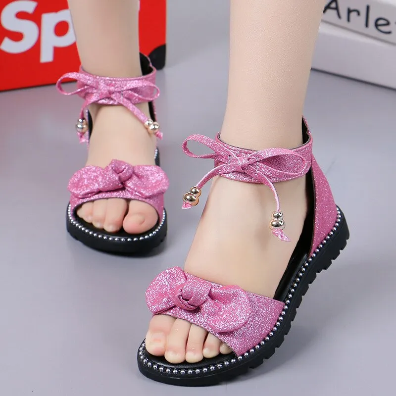 New 2023 Summer Girls Sandals Fashion Bowknot Zipper Princess Girls