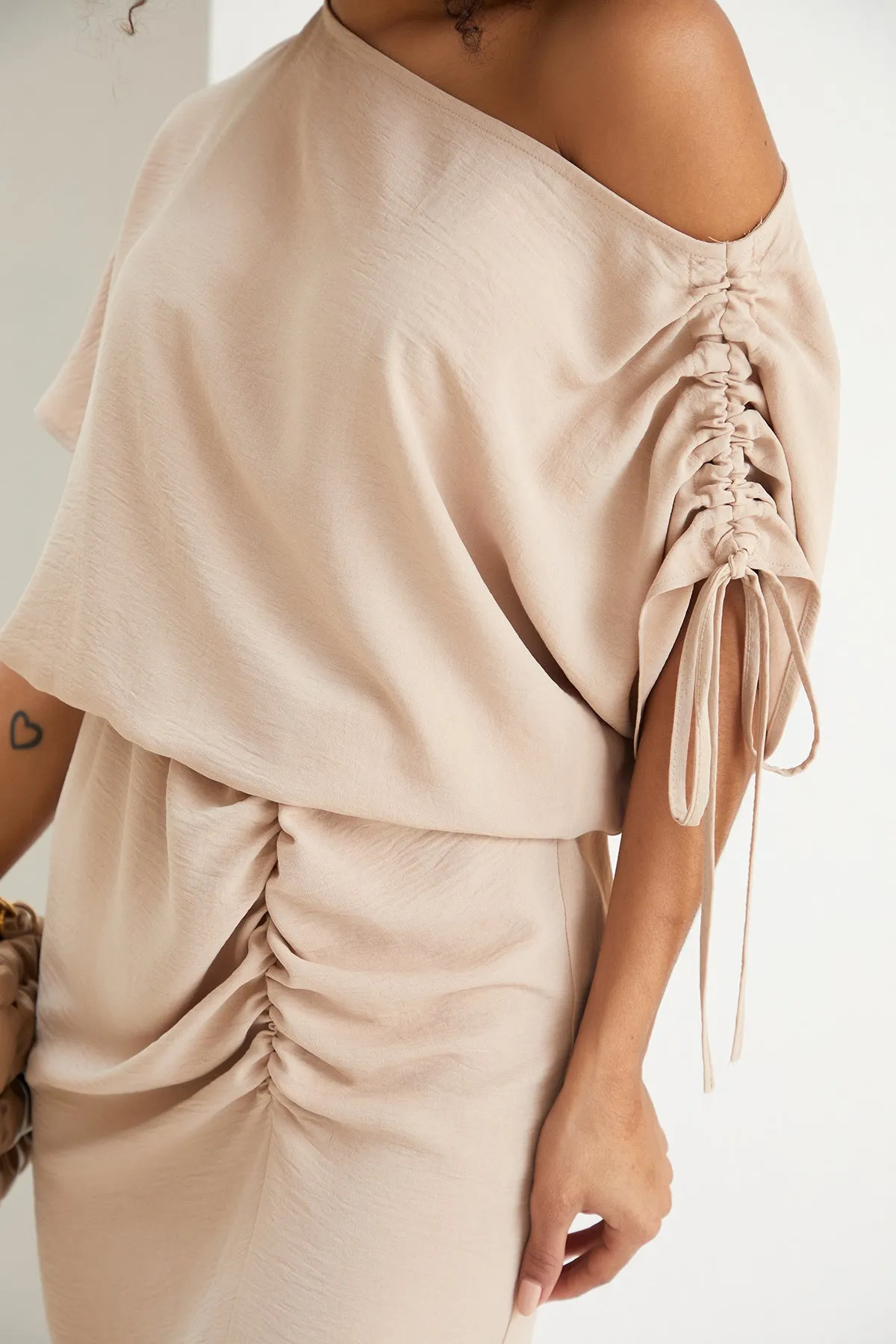 Off Shoulder Drape Midi Dress in Beige