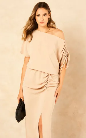 Off Shoulder Drape Midi Dress in Beige