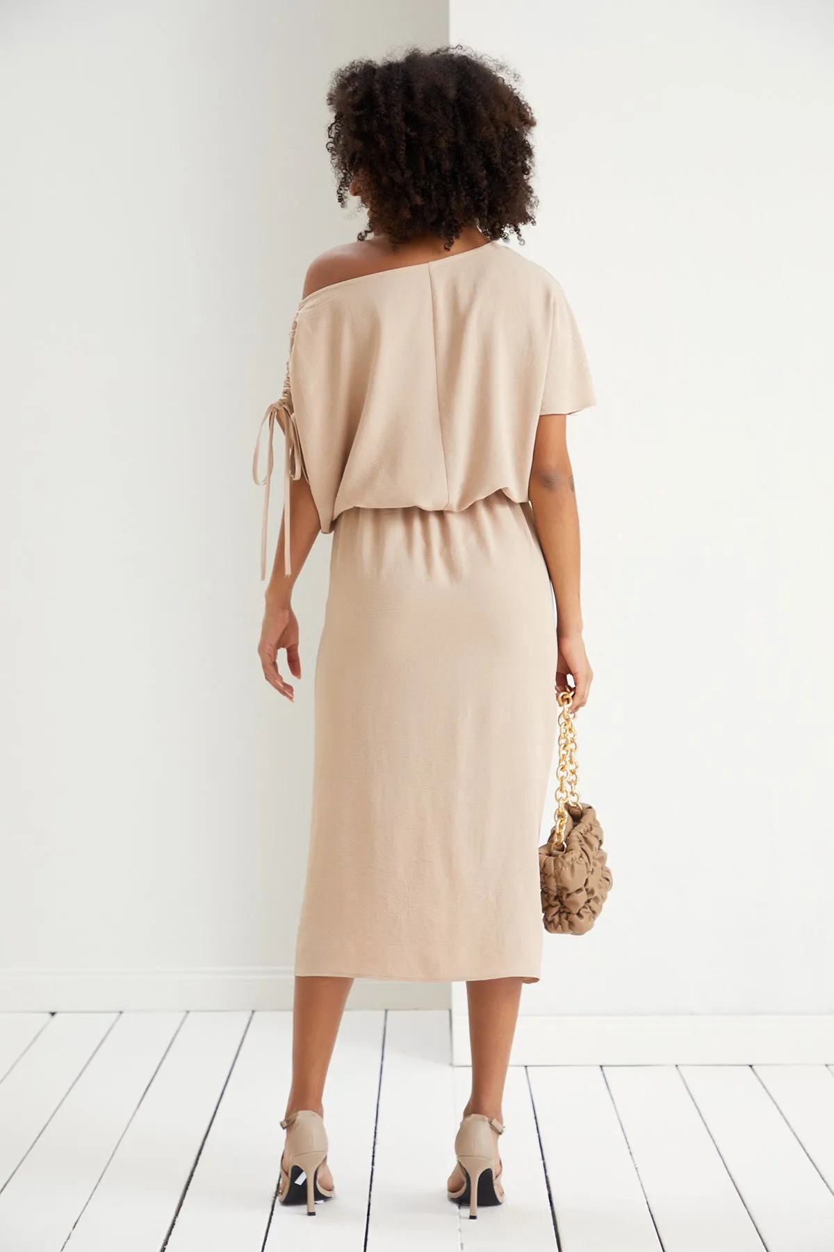 Off Shoulder Drape Midi Dress in Beige