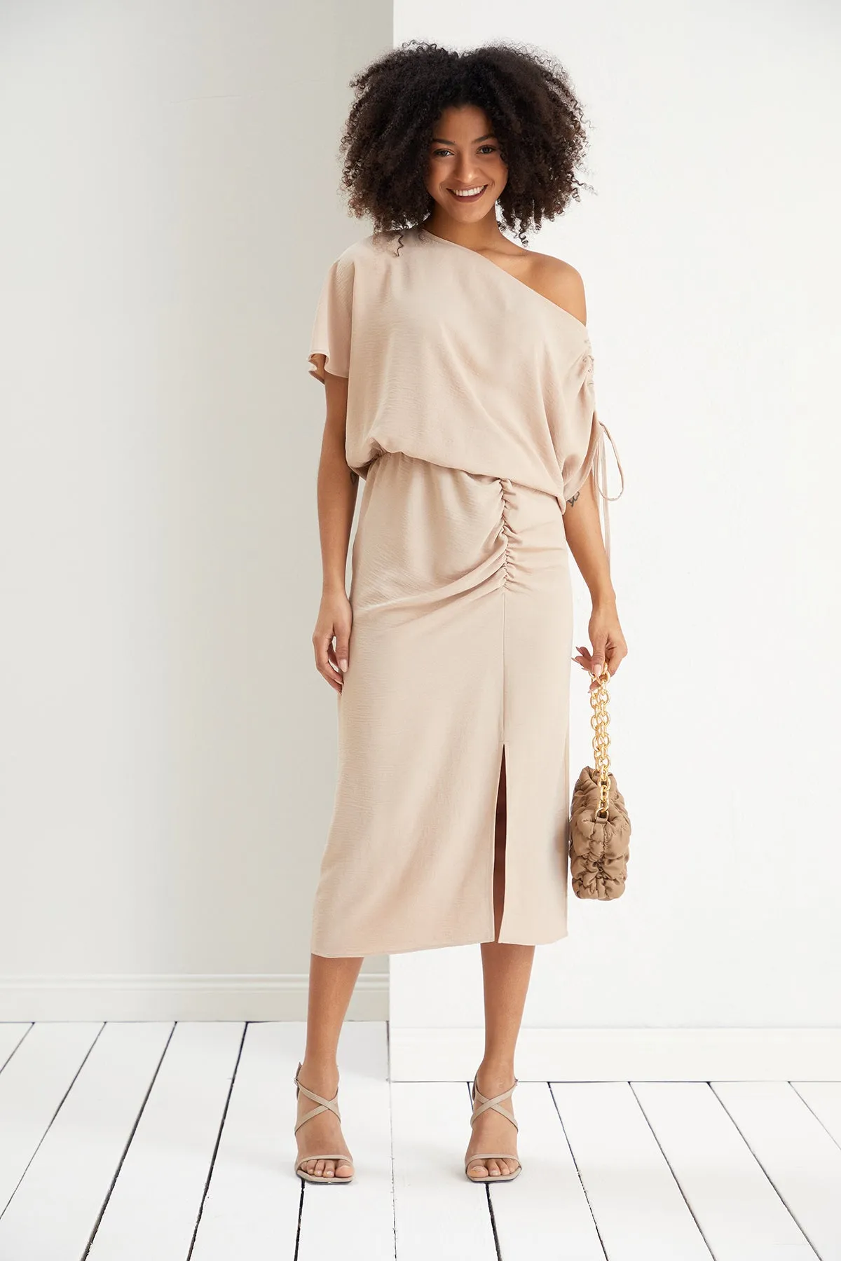 Off Shoulder Drape Midi Dress in Beige