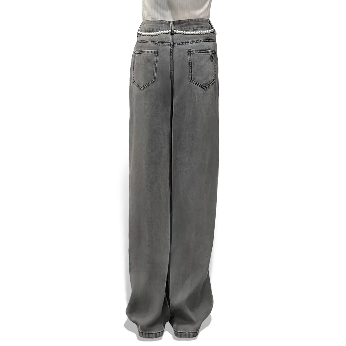 Pearl and Scarf Belted Wide-Leg Denim Trousers