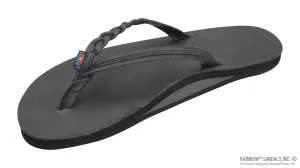 RAINBOW SANDALS Women's Flirty Braidy Sandal - Single Layer Classic Leather 1/2" Narrow Strap with Braid - CLASSIC BLACK