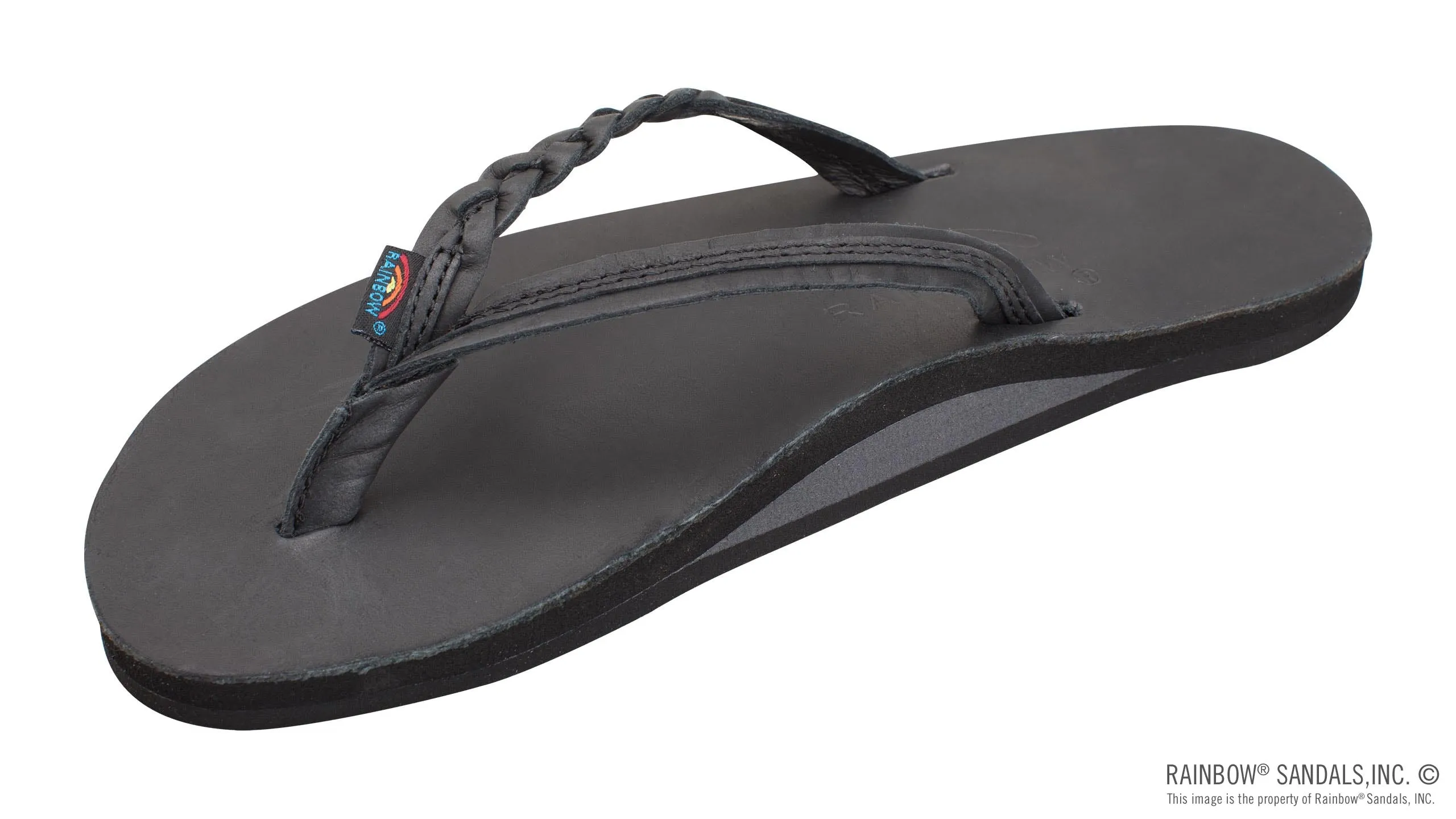 RAINBOW SANDALS Women's Flirty Braidy Sandal - Single Layer Classic Leather 1/2" Narrow Strap with Braid - CLASSIC BLACK