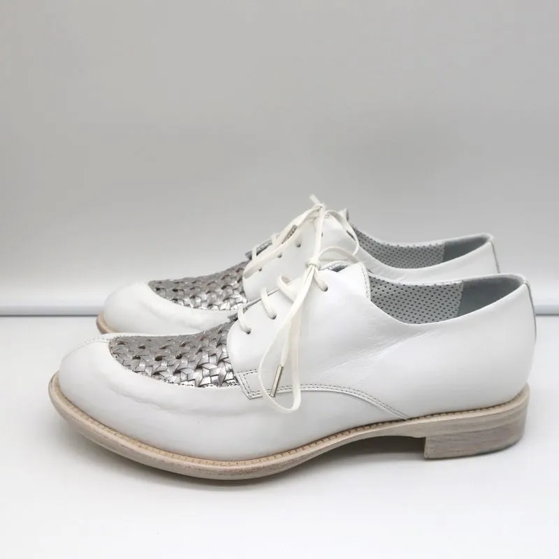 Rocco P Lace-Up Oxfords White & Silver Woven Leather Size 37.5 NEW