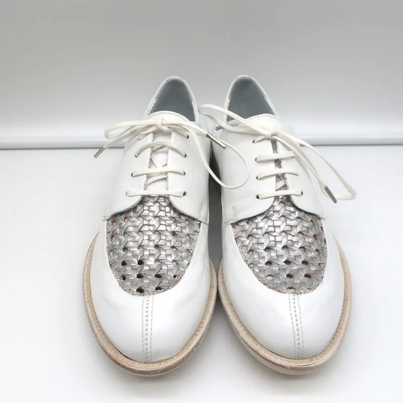 Rocco P Lace-Up Oxfords White & Silver Woven Leather Size 37.5 NEW