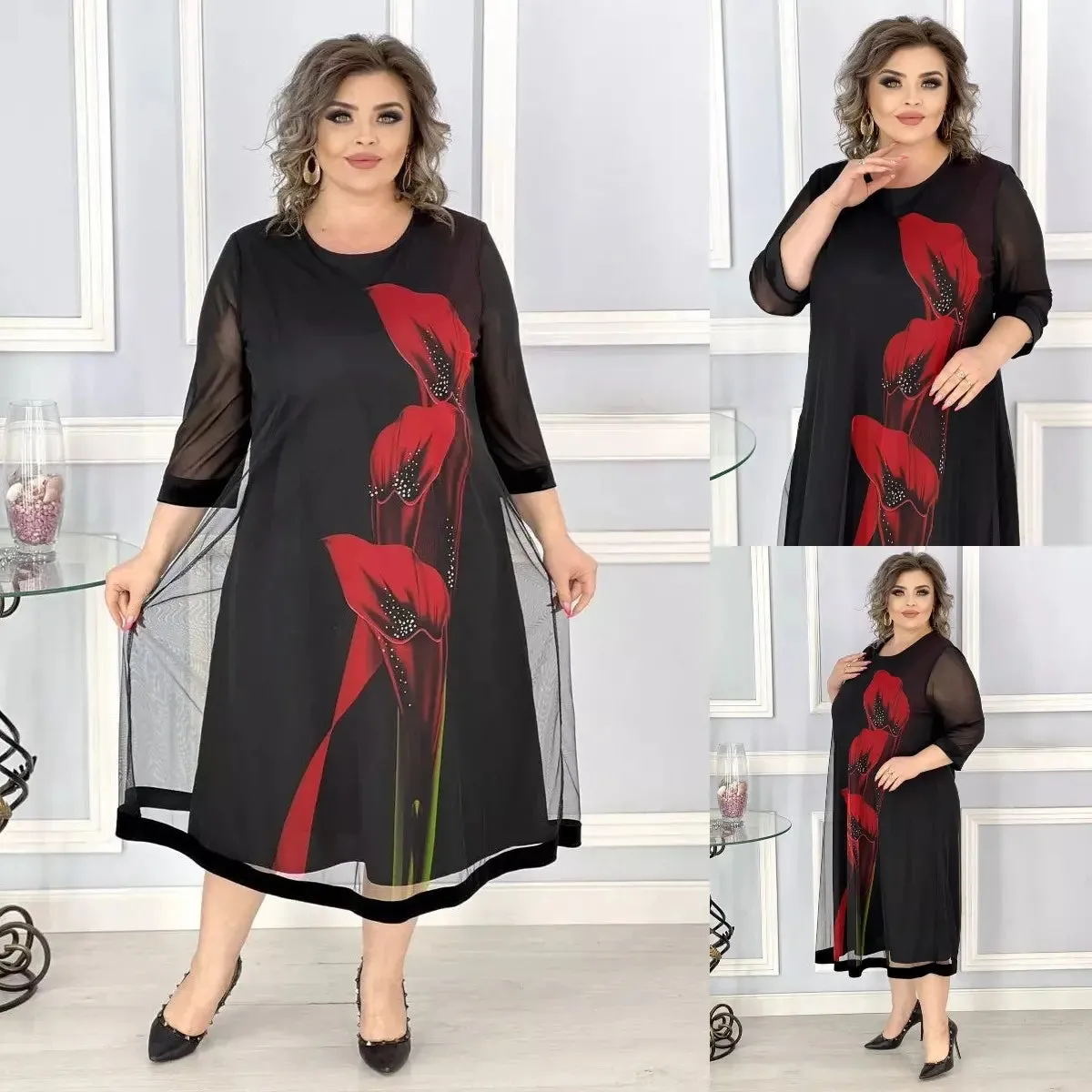 S-4XL2025 Elegant and refined black chiffon dress.