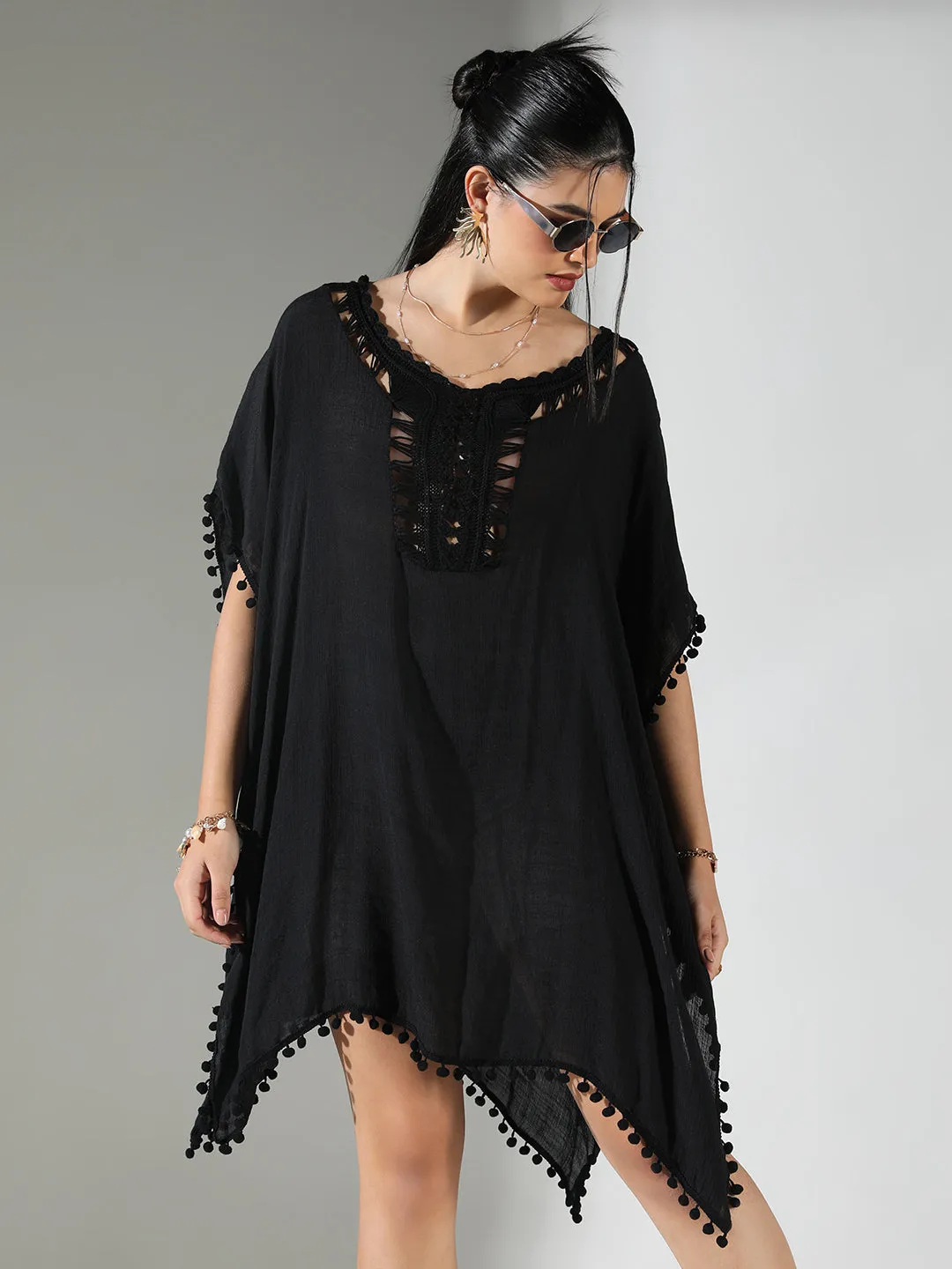 SHOWOFFFF Edition Women's Crochet Detail Black Dress with Pom-Poms