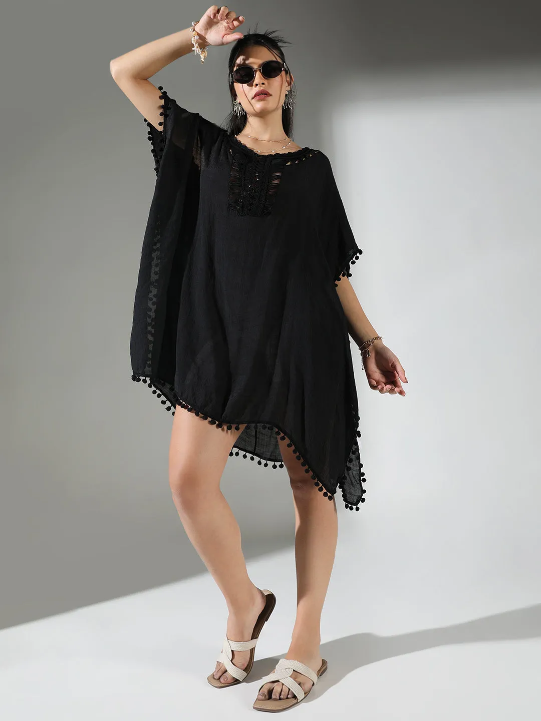 SHOWOFFFF Edition Women's Crochet Detail Black Dress with Pom-Poms