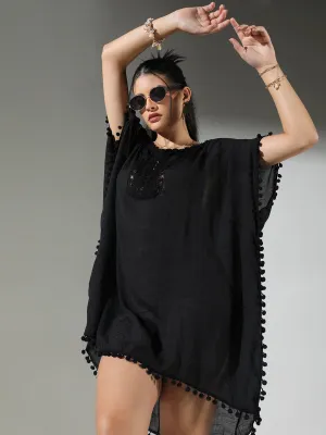 SHOWOFFFF Edition Women's Crochet Detail Black Dress with Pom-Poms
