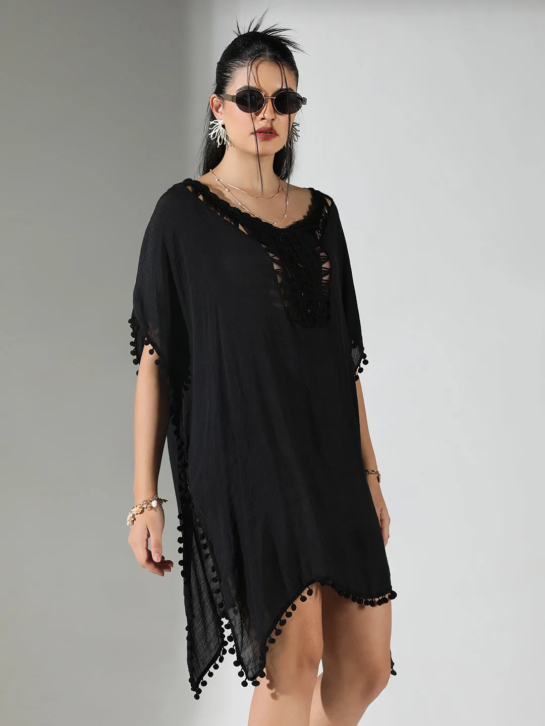 SHOWOFFFF Edition Women's Crochet Detail Black Dress with Pom-Poms